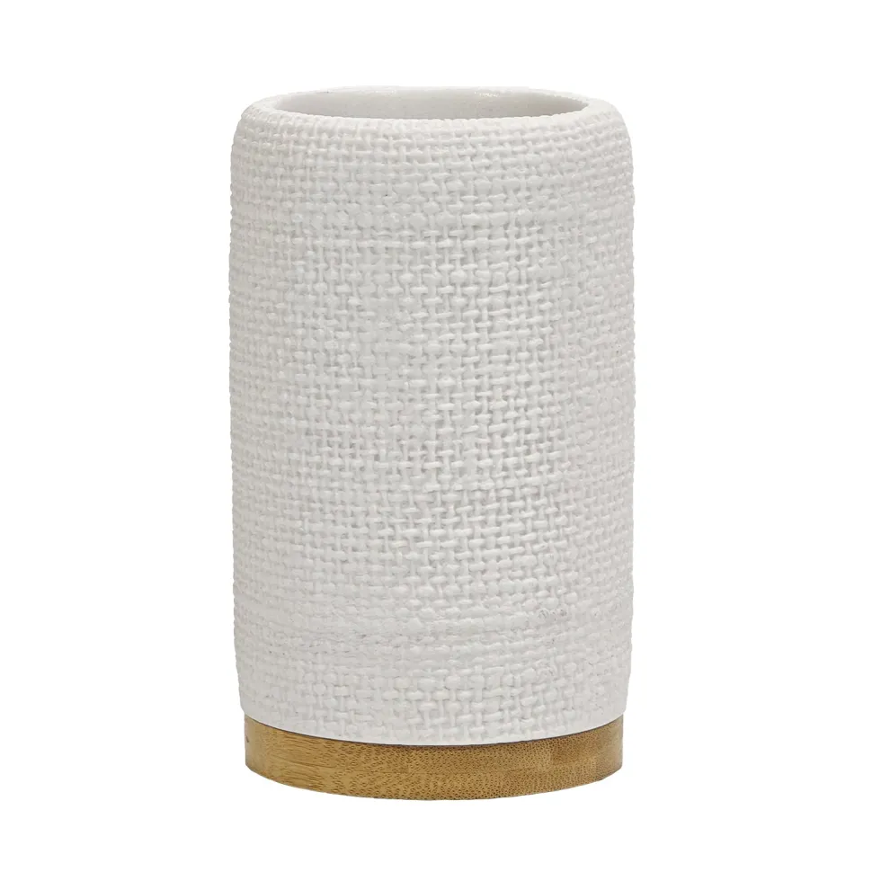 Bicchiere Porta Spazzolini in Poliresina Bianco e Bamboo