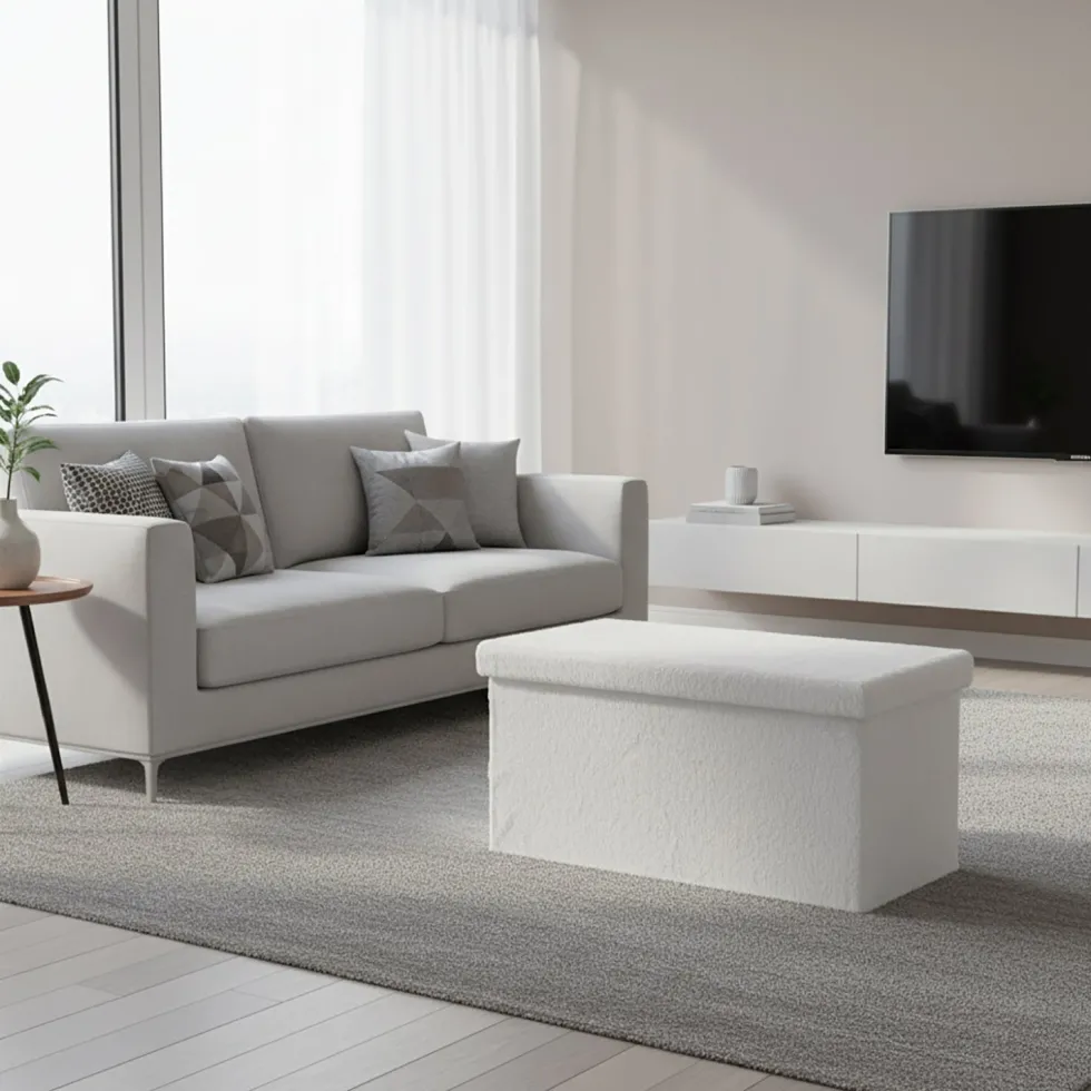 Pouf Contenitore Richiudibile Effetto pelliccia sintetica Bianco