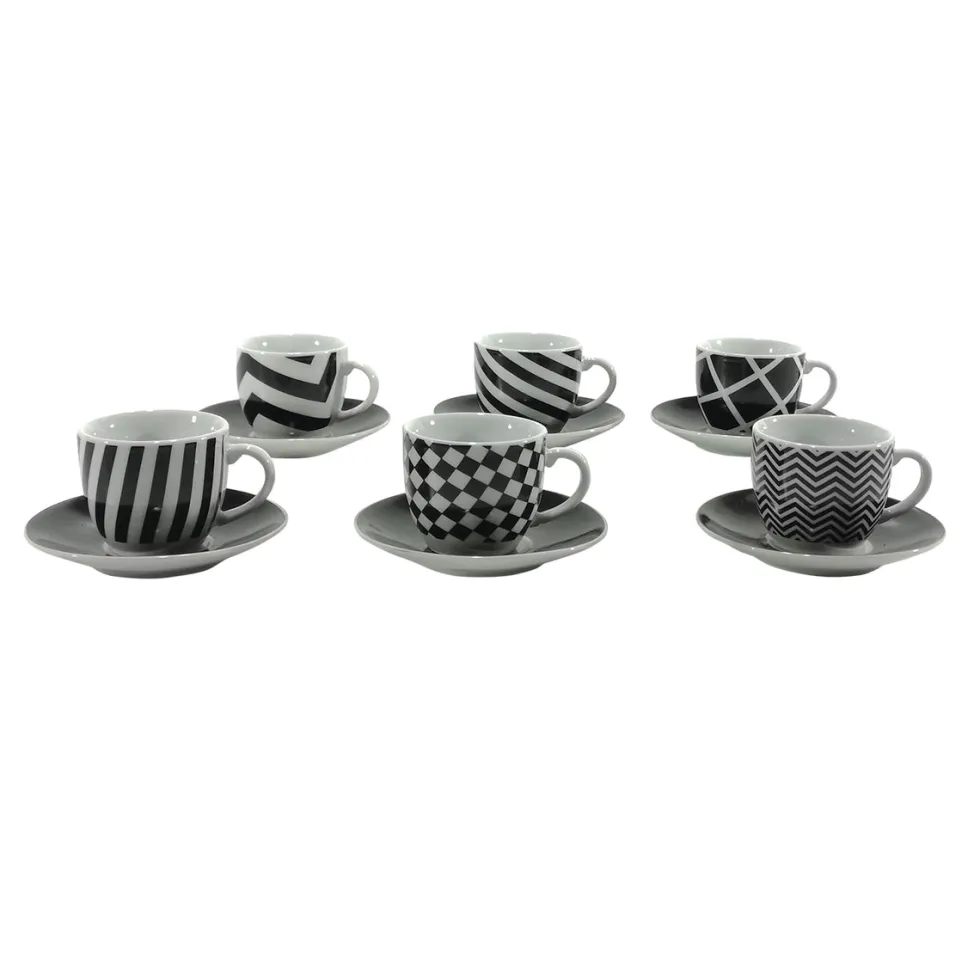 Servizio da caffè in Porcellana 6 tazzine con piattini Bianco e Nero