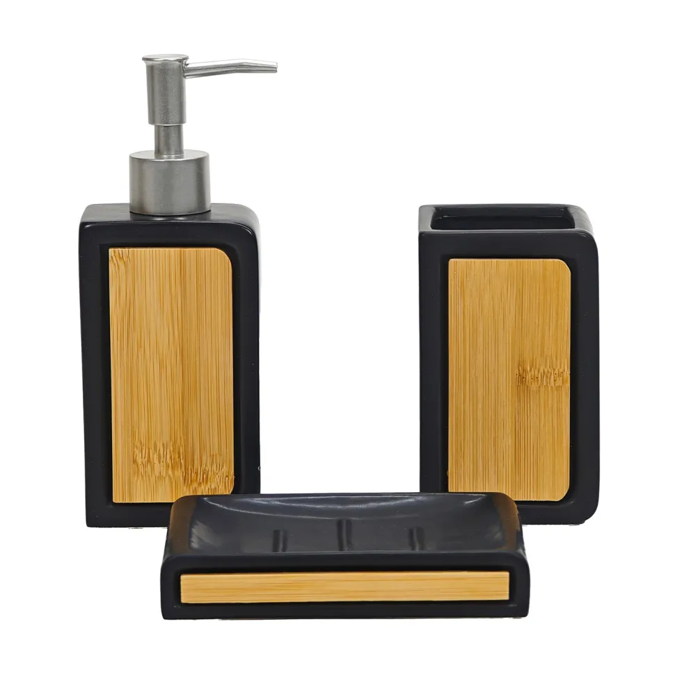 Set Bagno 3 pezzi in Ceramica Nera e Bamboo