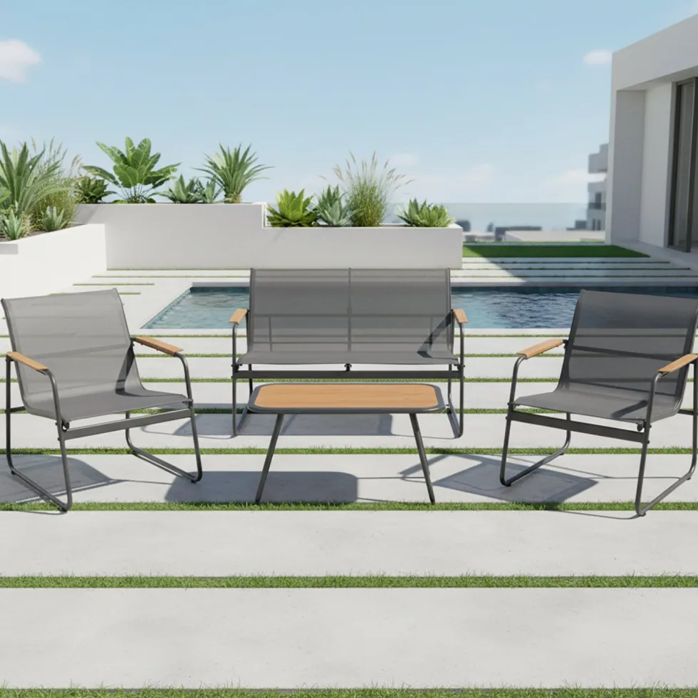 Set da giardino 4 pezzi Struttura in Acciaio Nero, braccioli e Top in Polywood