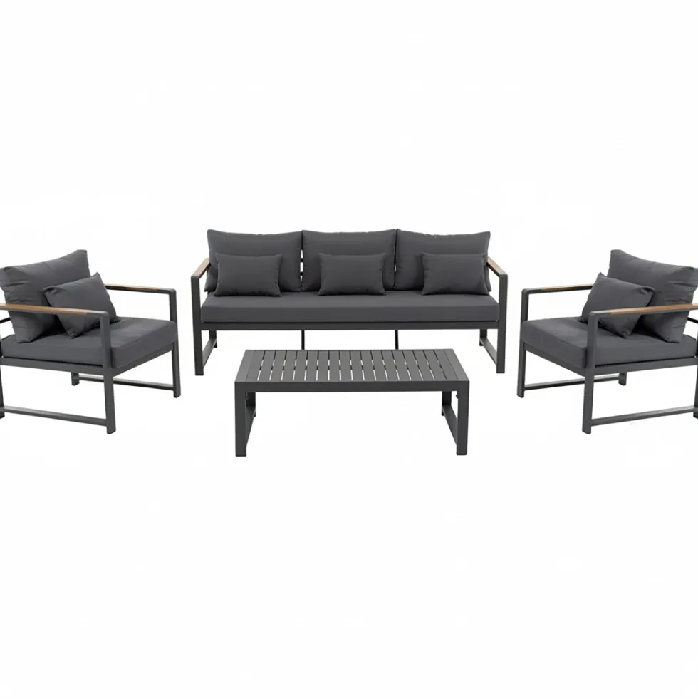 Set da giardino 4 pezzi struttura in alluminio Antracite e braccioli in Polywood con cuscini Grigio Scuro