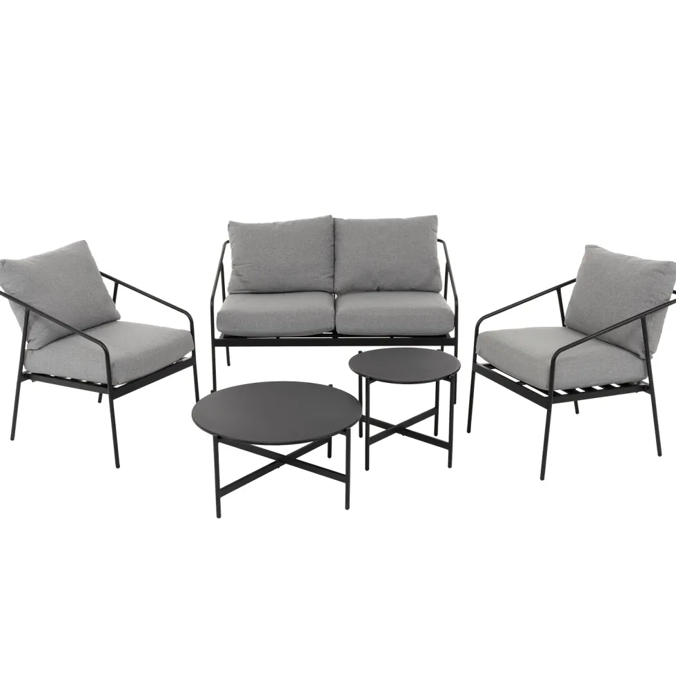 Set da giardino 5 pezzi struttura in acciaio e top tavolini in metallo con cuscini Grigio Scuro