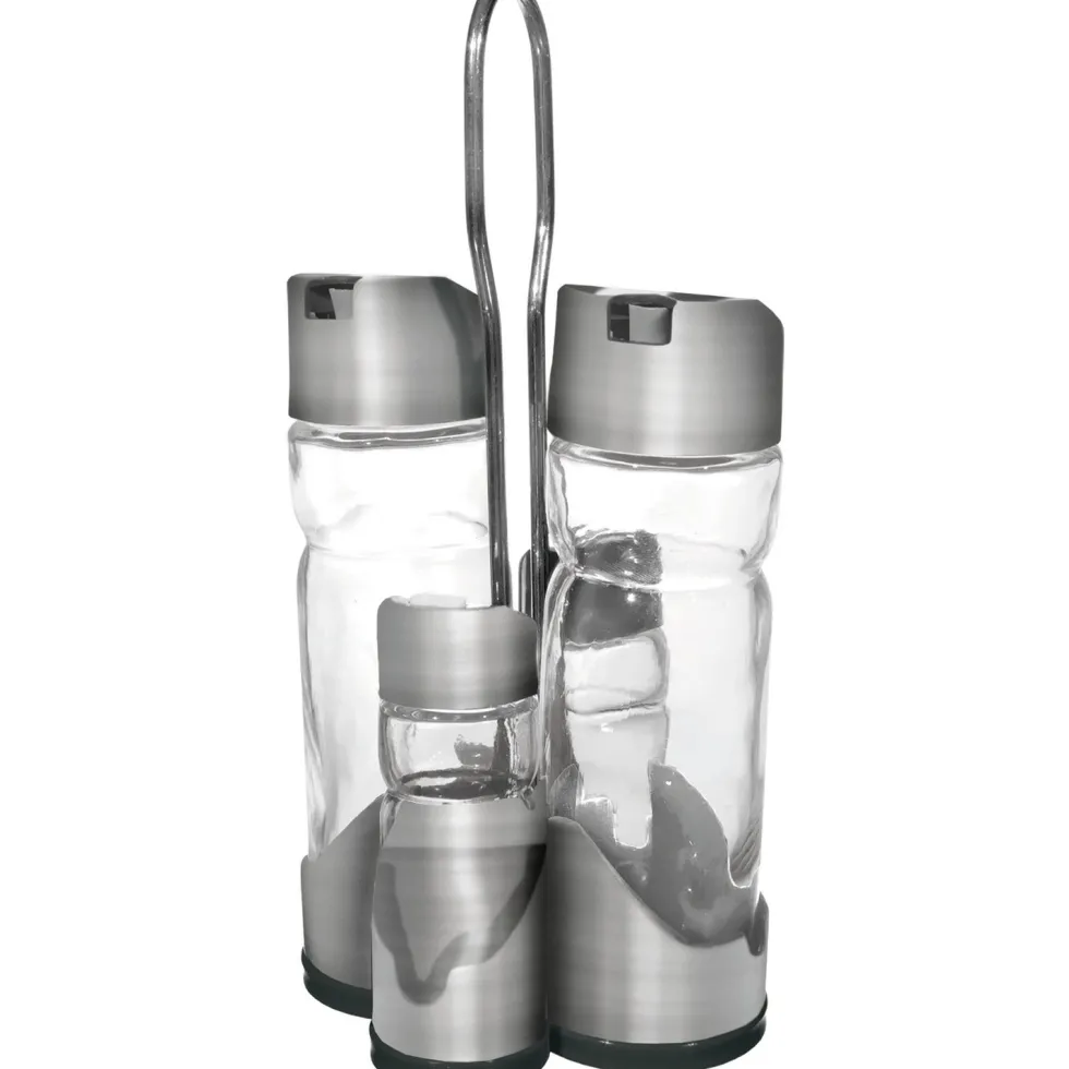 Set Menage in Vetro con Stand Metallo Cromato h20 cm