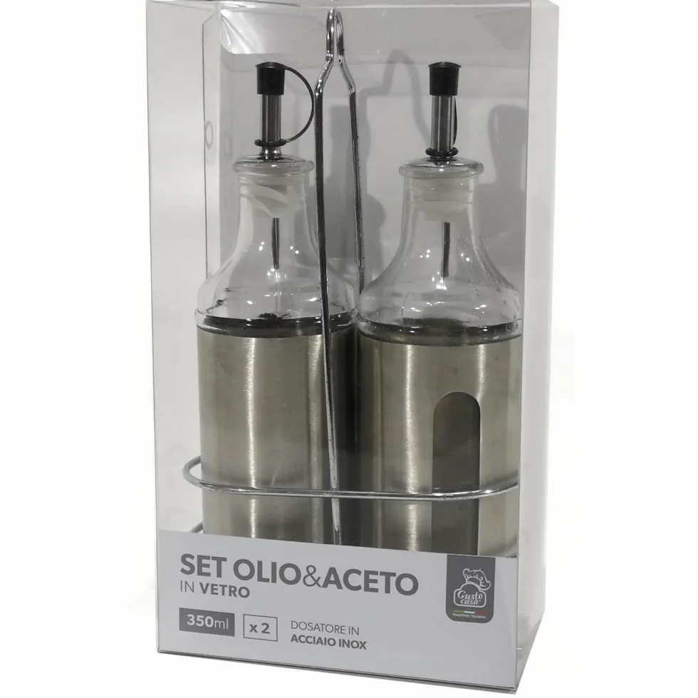 Set Olio e Aceto in Vetro con Dosatore in Acciaio Inox 350 ml