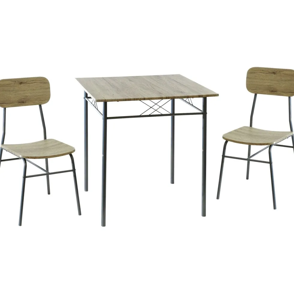 Set Tavolo da pranzo 70x70 cm e 2 sedie in metallo e MDF Rovere Cadiz
